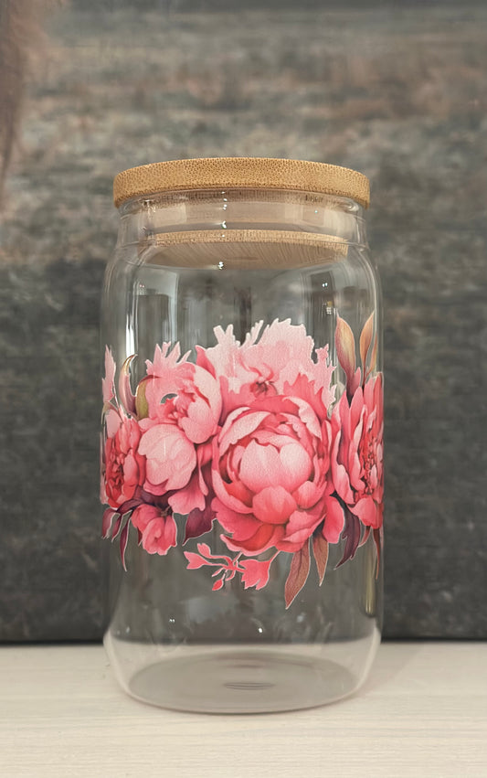 Trinkglas mit Bambusdeckel „Pinke Blumen“