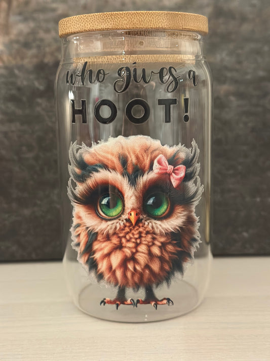 Trinkglas mit Bambusdeckel „Eule Hoot!“
